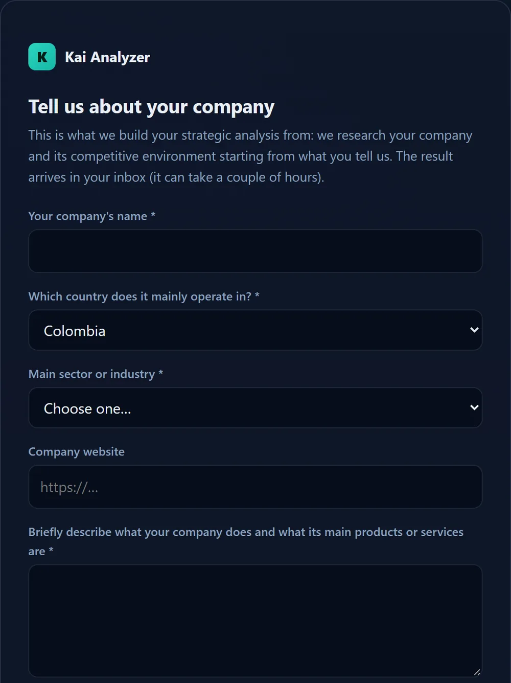KAI Analyzer intake form